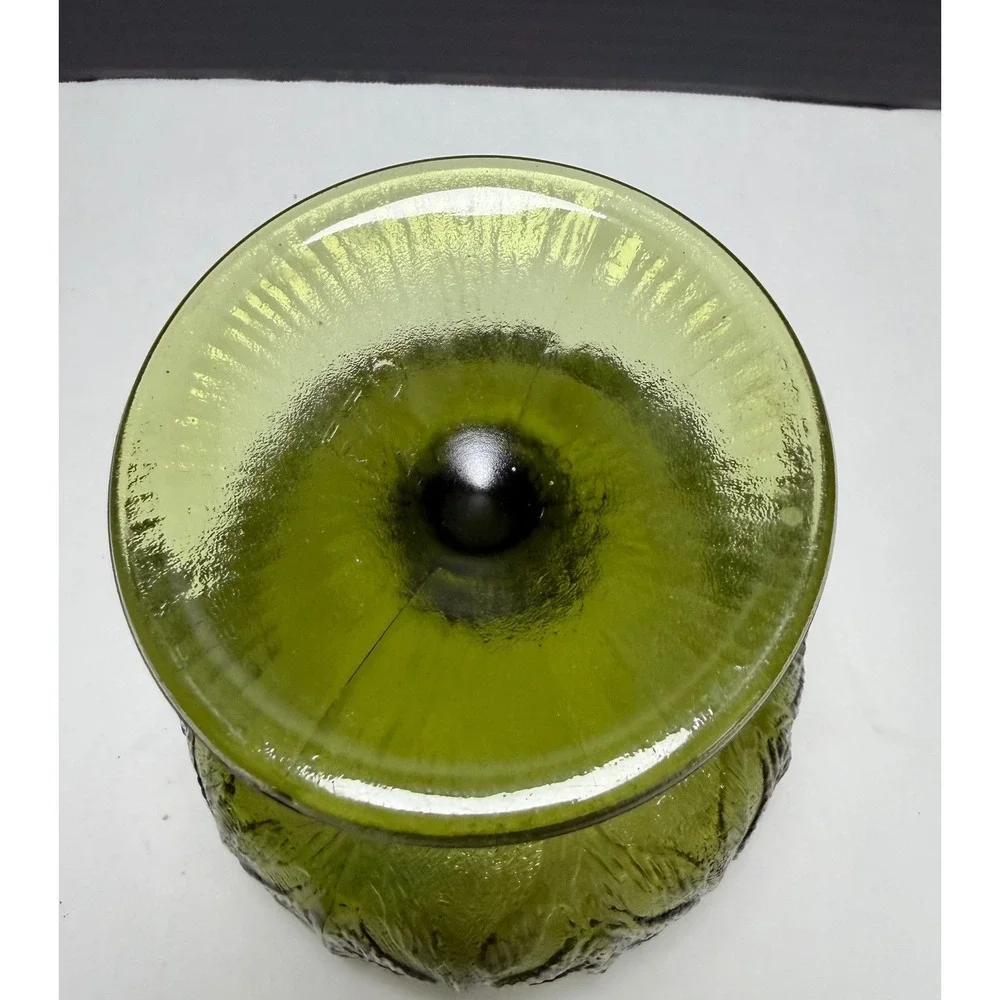 Vintage FTD Green Glass Compote Pedestal Candy Dish Embossed Leaf Pattern